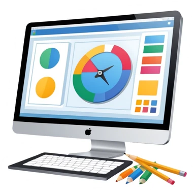 Professional icon for Graphic Design: a computer screen displaying a design layout, vector shapes, a color palette, and design tools like a pencil and ruler. The icon should represent creativity and precision in graphic design. Transparent background. sticker