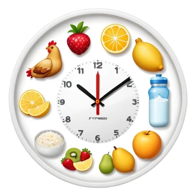 Daily fitness nutrition schedule with water bottle, sun, chicken and rice plate, gym equipment, yogurt, fruit, and sleep symbol arranged in a circle like a clock sticker