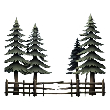 a dark, brooding forest at night, with large looming fir trees. in front of the forest is a dilapidated old farm fence. sticker
