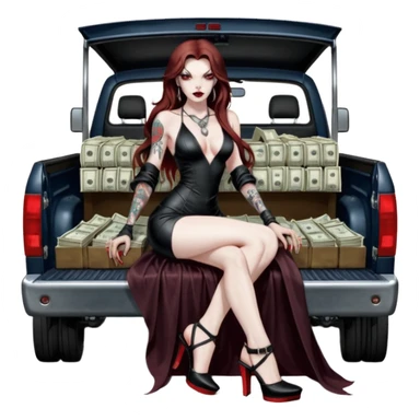 Lilith model red eye seductress evil long brown haired sexy succubus woman with leather long dress with slit, sitting in Big Large F350 pickup truck. Black Platform high heels on feet. Tattoo sleeve arms, seat full of stacks of cash, and a man dead human skull of her enemies and a gun in other hand sticker