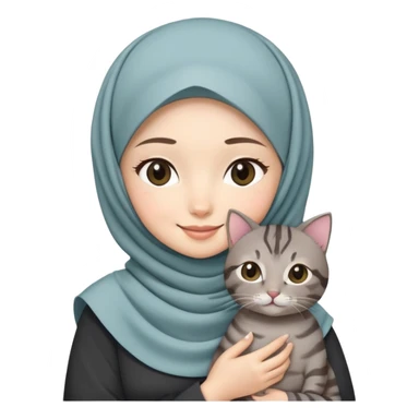 Asian white girl wearing hijab with dress holding a black grey tabby cat while smiling sticker