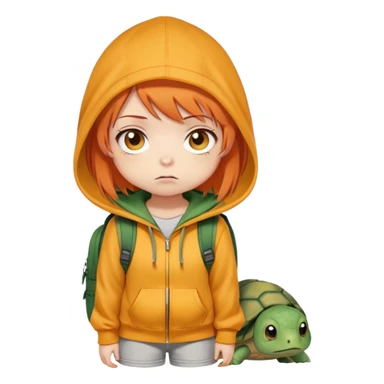 The image emoticon depicts a full-body drawing of a girl in a chibi style—she has a big head and a small body, with large, expressive eyes. She has short, orange hair with bangs and looks slightly sad or worried.  

She is wearing a simple yellow hoodie without zippers or buttons, with a hood designed to look like a turtle's head, giving her a cute and cozy appearance. She also carries a backpack that resembles a turtle shell on her back. The drawing is minimal, sketchy, and cute, without small details, as it is meant to be an emoticon. minimal sketchy sticker