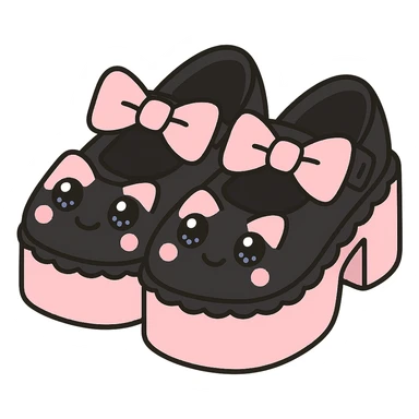 Refine the kawaii BLACKPINK-inspired gothic shoes by adding a large cute bow as the main motif, keeping the scalloped edge detail. Emphasize the black and pink color contrast, playful and stylish, no hearts, transparent background. sticker