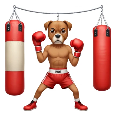 A determined boxer dog wearing red boxing gloves, practicing punches on a punching bag, with a focused expression, in a gym setting, cartoon style, vibrant colors, simple and clean design. sticker