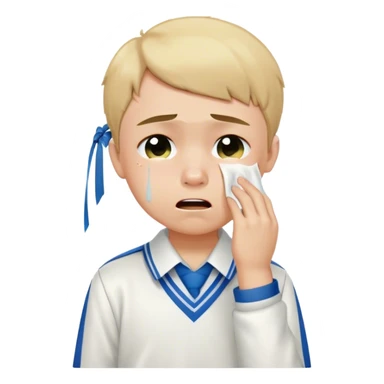 Create an emoji of a young boy student crying. He is wearing a school uniform, including a shirt and pants, and has short hair. The boy is visibly upset, with tears streaming down his face, and he is wiping his eyes with his hand. The background should be simple to emphasize his emotional state, conveying the feeling of being overwhelmed with school stress or personal struggles sticker