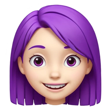 A cute 3D animated emoji character of a young girl face with vibrant purple hair. She has big expressive eyes and a wide happy smile showing teeth. The style is like a Pixar or Disney movie character, soft textures, high quality CGI render, isometric view, on a solid plain white background. sticker