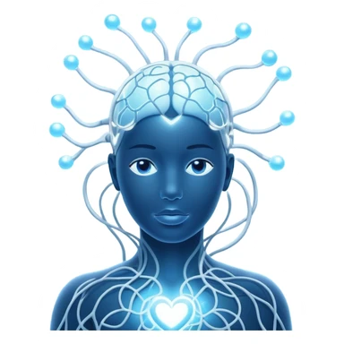 human silhouette with glowing nodes at head and heart, interconnected by flowing lines and floating orbs, soft white-blue light sticker