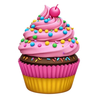 cupcake with pink icing with colorful sprinkles, chocolate cupcake base, 3D emoji style sticker