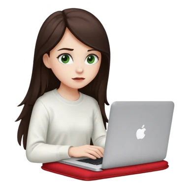 Long dark brown haired, white skinned, dark green eyed girl in white clothes girl sitting in macbook with a red case  sticker