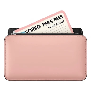 Pastel pink boarding pass tucked inside a beige leather wallet, clean and minimal sticker