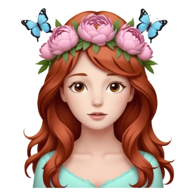 Woman with long flowing auburn hair wearing a pastel flower crown with big peonies and roses and butterflies in it sticker