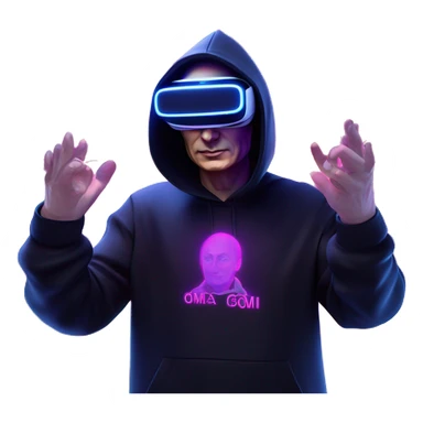 Vladimir Putin wearing a black hoodie with "OMG" letters on it and VR headset oculus quest 2 in a cyberpunk VR environment with violet neon lighting. sticker