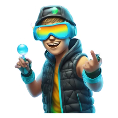 Caucasian boy in glowing rave outfit with mask, sunglasses, and headgear, shooting bubbles out of a water gun sticker