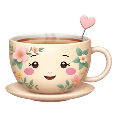 Cute Kawaii Tea Cup, steaming with warmth, a charming smiling face, soft pastel tones, delicate floral patterns, a tiny heart-shaped tea bag tag, cozy and inviting! sticker