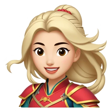 Cinematic Playful Mulan Portrait Emoji, Mid-laugh with a strand of hair falling over her face, adjusting her armor, eyes full of adventure, exuding an irresistible mix of beauty and fun, the perfect blend of warrior and princess! sticker