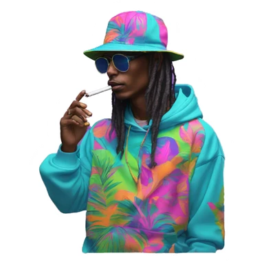 Multicoloured neon person smoking wearing patchwork patterned hippie groove hoodie dancing hip hop bucket hat tropical Skater fashion aesthetic baggy clothes graphic t shirt 420 sticker