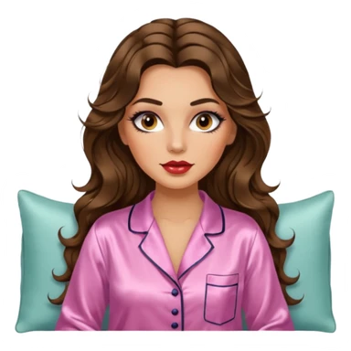 Woman with brunette hair light tanned skin reading on sofa. Long wavy hair. Beige ivory colours. Silk pyjamas. Realistic. Foxeye with lashes. Glamorous makeup sticker