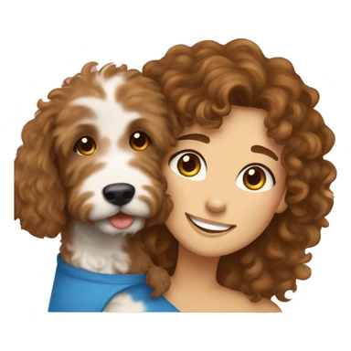Girl with curly brown hair and blue eyes hugging a Goldendoodle and smiling sticker