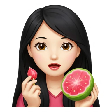 A girl with long black hair holding a piece of guava hard candy and pretending to eat it sticker
