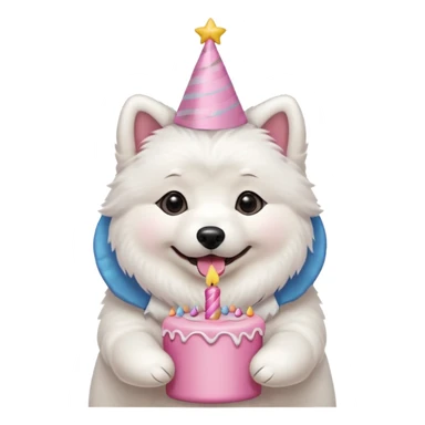 cute samoyed hold a pink birthday cake in both arms with pink birthday hat sticker