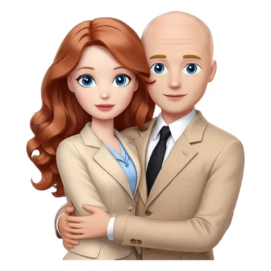 Barbie girl  , eyes blue , Chestnut red long wavy hair In pale beige clothes, Hugs a man with light brown hair bald, brown eyes , and a black suit sticker