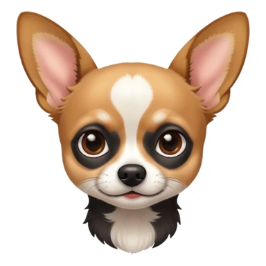 Chihuahua with white black fur on the forehead and a brown snout with a black nose sticker