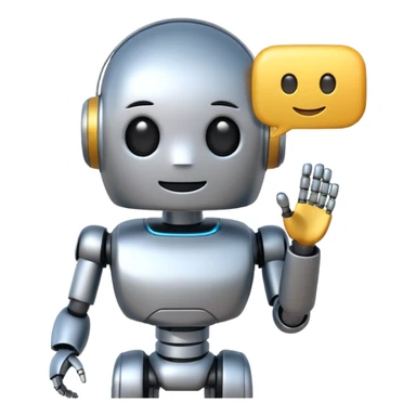 AI assistant emoji, futuristic robot with a speech bubble, friendly and helpful demeanor, minimalistic design sticker