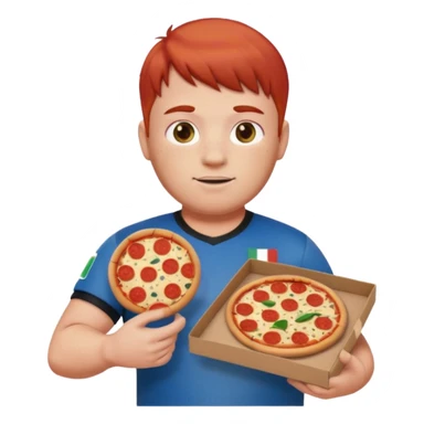 male emoji with red hair in faded cut and styled bangs, chubby build, light freckles, wearing black baggy jeans and 2024 Italy home soccer jersey, holding a pizza box sticker
