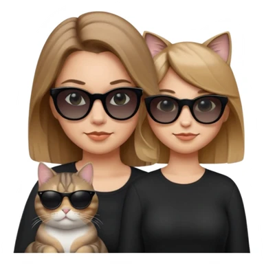 white woman with long light brown ombre hair past shoulders, wearing black clothes and very opaque black sunglasses, smirking and looking cool, next to a chubby grey tabby cat with very opaque black sunglasses, also smirking and looking cool, Apple emoji style, only one woman and one cat sticker