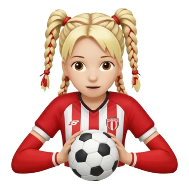 Chica de pelo rubio tirada en el suelo boca abajo agarrando un balón con las manos vestida con una equipación de color rojo y blanco con líneas y con unas botas de tacos de fútbol, con un bucal en la boca y el pelo con trenzas sticker