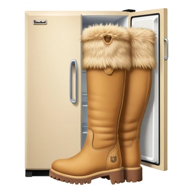 A white kitchen refrigerator with camel head poking out from an open door and furry camel legs wearing classic wheat-colored Timberland boots sticker