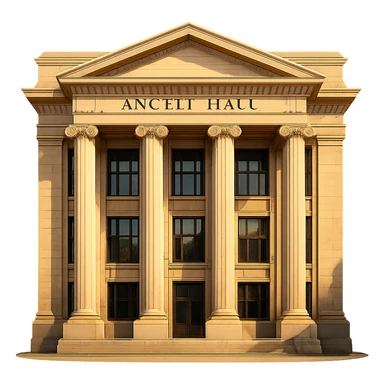 cinematic, realistic emoji of Angell Hall at the University of Michigan in Ann Arbor, straight-on perspective, featuring its iconic neoclassical architecture with columns, lifelike detail, bright regal lighting as on a sunny day, accurate building colors, transparent background sticker