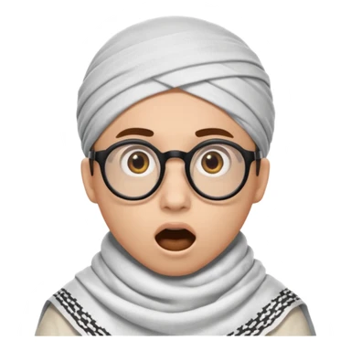 A person with light skin tone, wearing a traditional white keffiyeh with a black agal, large brown eyes, round glasses, and an open mouth showing a surprised or shocked expression. sticker