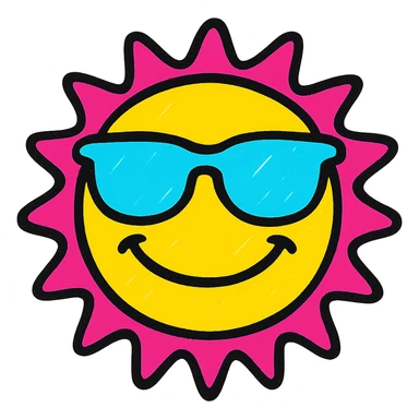 a smiling sun with sunglasses, vibrant and playful, pop colors style sticker