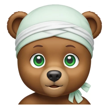 Cute brown bear head with green eyes wearing a white durag, hip style, iOS emoji style sticker
