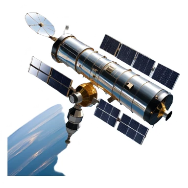 cinematic-realistic-hubble-space-telescope-emoji, an awe-inspiring, ultra-detailed depiction of the Hubble Space Telescope floating in space, its large, reflective metallic surface gleaming against the backdrop of the infinite blackness. The telescope's vast solar panels extend outwards, catching the light from distant stars, while its intricate, cylindrical body showcases advanced, precise engineering. The telescope's large, hexagonal lens is pointed towards the cosmos, surrounded by mechanical components, wires, and sensors. The detailed textures of the telescope’s metallic exterior, the shiny reflective coating, and the intricate grid-like solar panels are sharply contrasted against the void of space, with distant stars and nebulae faintly visible in the background, adding to the sense of scale and technological marvel; rendered with extreme realism and attention to detail. sticker