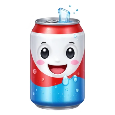 Cute Kawaii Soda Can, bubbly and vibrant, bright red and blue stripes, playful fizz popping around, a chubby happy face with wide sparkling eyes, energetic and refreshing! sticker