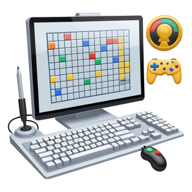 Emoji for Game Design: computer screen with Professional game development interface, 3D models, pixel art and design tools like grid, wireframe, joystick, stylus. Symbolizes the technical and creative process of game development. Transparent background. sticker