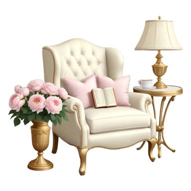 A cozy vintage-inspired reading nook, with an overstuffed ivory armchair, a golden reading lamp, and a bouquet of soft pink roses, white peonies, and dahlias resting on a small lace-covered side table, as a pearl butterfly gently rests on the open book.
 sticker