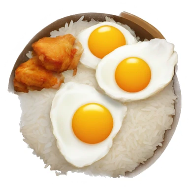 a bowl of rice with two eggs and chicken thigh sticker