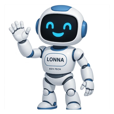 Lonna, Keyi Tech's smart robot, waving and smiling, modern tech look, white and blue color scheme, digital face display sticker