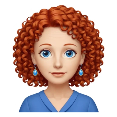 una profesora mayor simpática con el pelo rojo rizado, ojos azules, vestido azul y pendientes azules hablando altura completa sticker