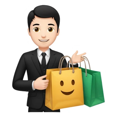 a white man black hair in a black suit with clothing shopping bag sticker