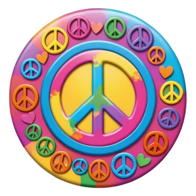 A round hippie colored button with a peace sign in the center sticker