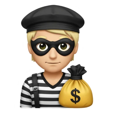 a short ios emoji-style portrait of a classic burglar, a black eye mask and a black-and-white striped shirt. emoji-like hair, black hat, a bag of money 💰 with a dollar sign in a right corner, evil expression  sticker