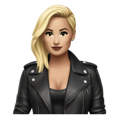 blonde Demi Lovato in leather jacket outdoors pointing sticker