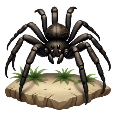 Close-up of a giant hairy black tarantula in its natural habitat, with intricate web details surrounding it. The spider's texture is highlighted, emphasizing its hairy legs and features. Soft background with natural elements like leaves or rocks. Transparent background. sticker