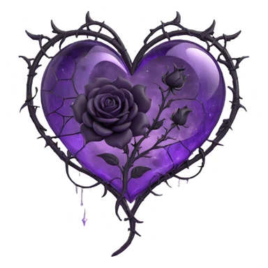 gothic heart made of purple glass with a crescent moon at the top, single large black rose, swirling stardust, branching lightning, misty rain, spiderweb cracked glass texture sticker