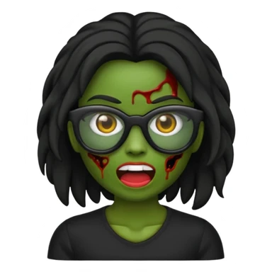 crie um emoji de zumbi feminino, com pele verde, óculos preto e cabelos pretos longos sticker