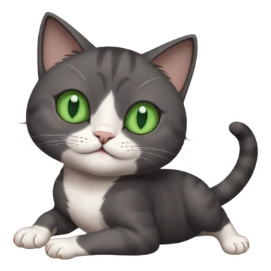 dark grey cat with green eyes, white toes/paws and white patch on her chest playfully rolling upside down sticker